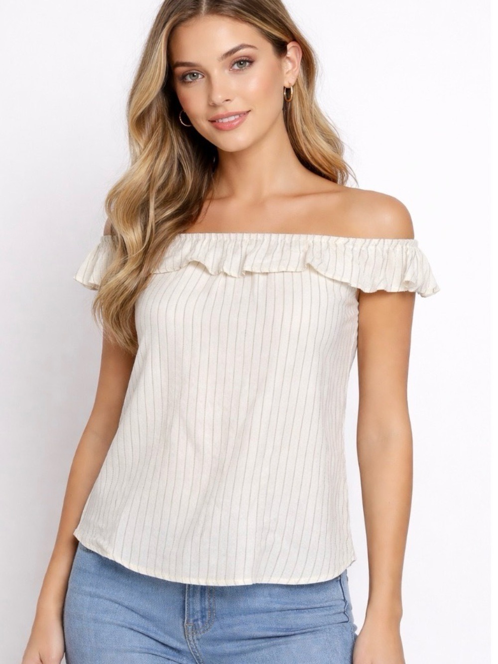 REFORMATION off the shoulder lightweight linen blend seersucker striped top s
